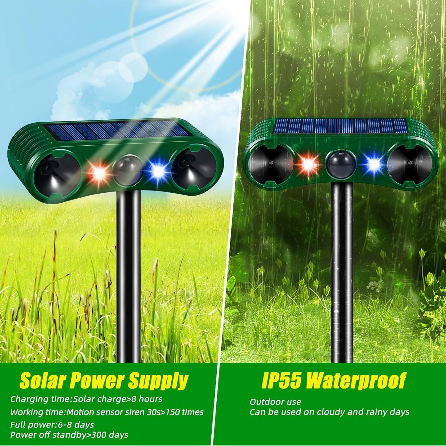 Paddsun Solar Animal Repeller,Ultrasonic Animal Repellent Deer Repellent Devices with LED Flashing Light to Squirrel Rabbit Raccoon for Garden