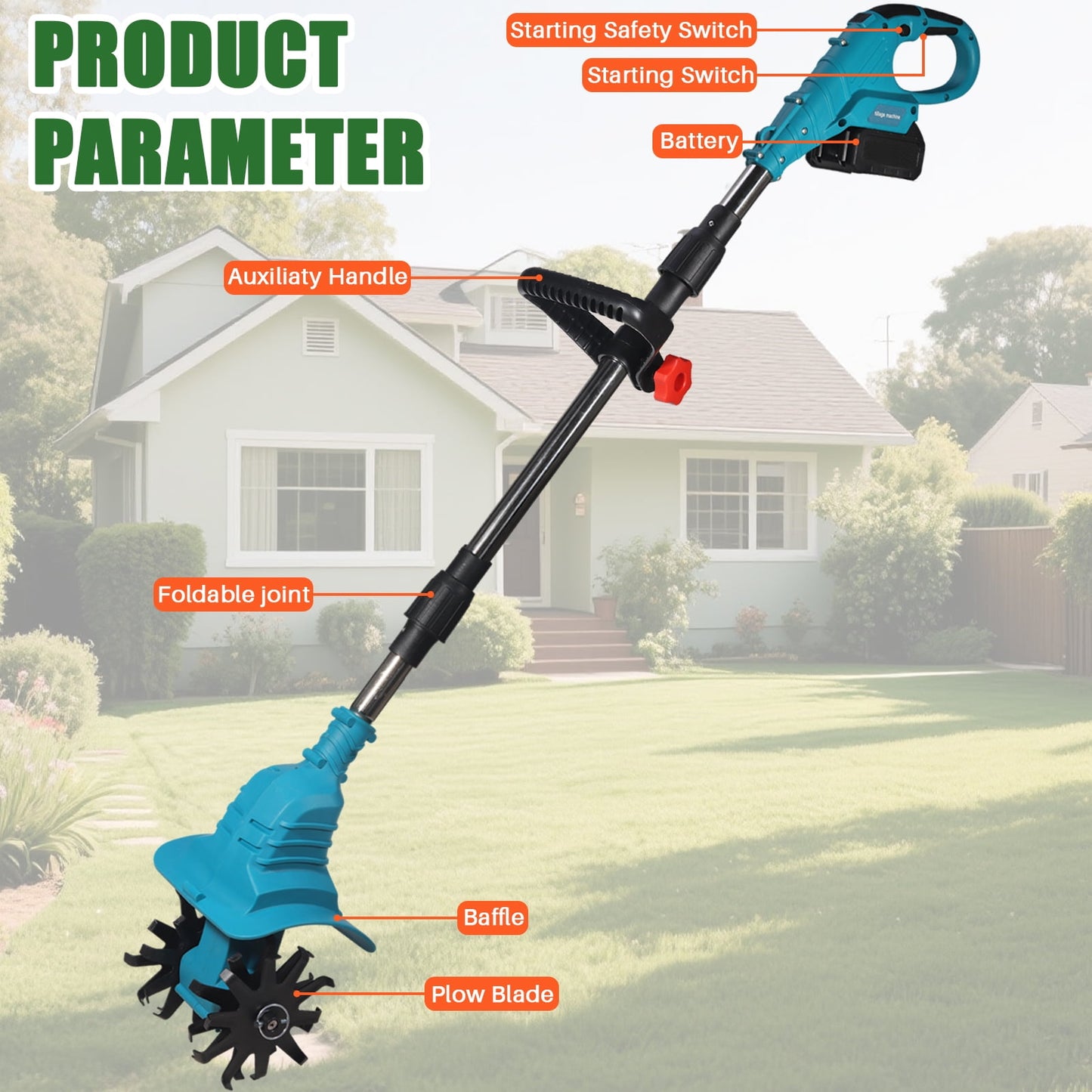 Cordless Tiller Cultivator, 21V Electric Garden Tiller 9In Tilling Width and 6.5In Depth Garden Rototiller for Lawn Gardening Soil Cultivation