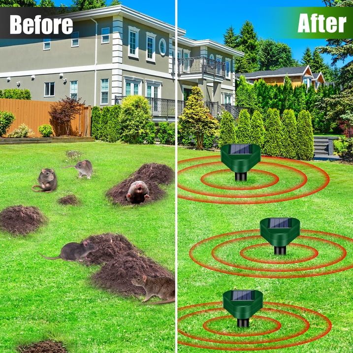 Mole Traps Solar Powered,4 Pack Waterproof Ultrasonic Gopher Traps Snake Traps for Yard Lawn Garden Groundhog Vole Chipmunk Armadillo Squirrel Rodent Deterrent Stakes