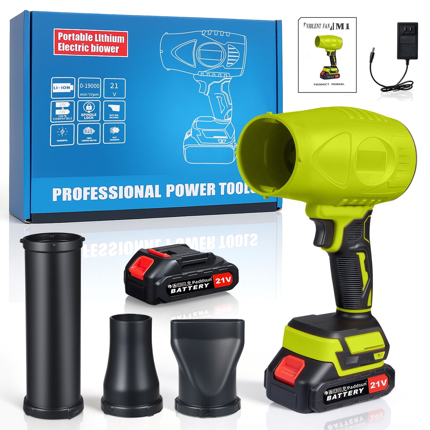Leaf Blower, 21V Cordless Electric with Extended Nozzle Handheld Blower for Patio Cleaning Blowing Leaves and Dust, Green