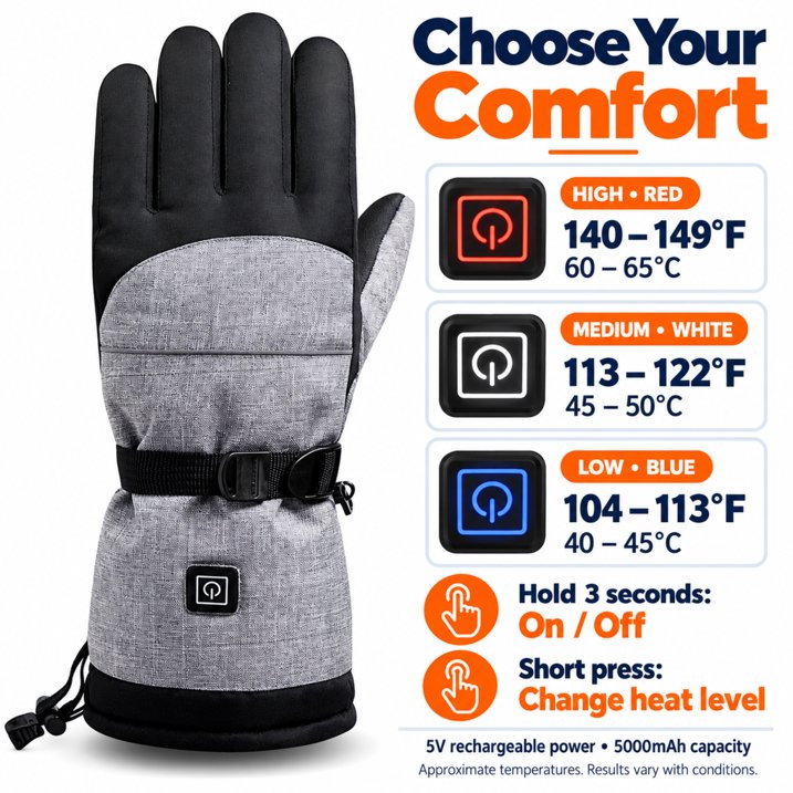 Heated Gloves for Men Women - Rechargeable Electric Hand Warmers with 5000mAh Battery & 3 Heating Levels