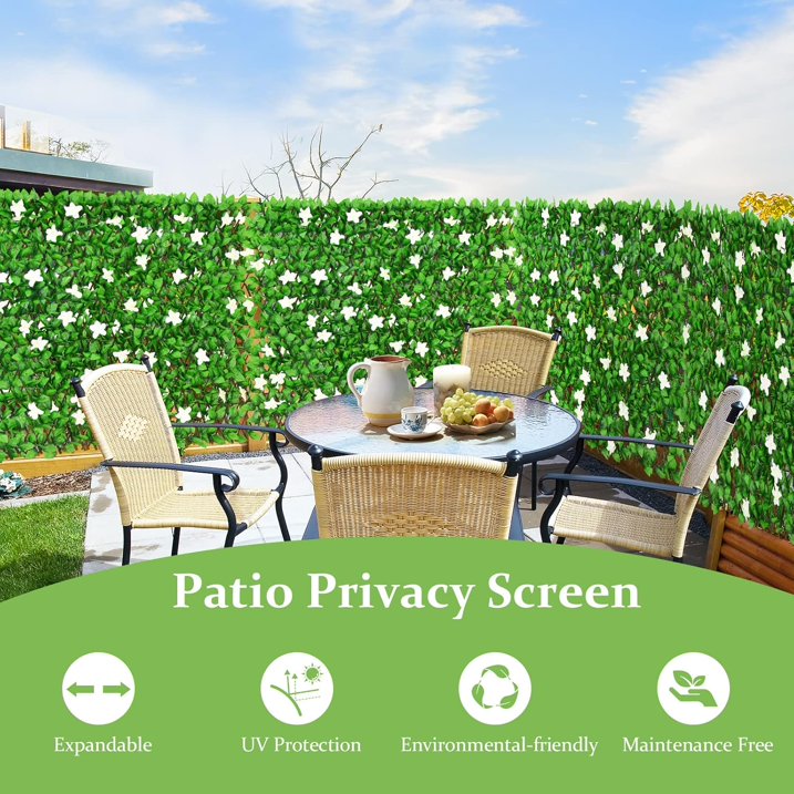 Expandable Flower Privacy Fence, 15.7" Decorative White Wood Trellis with Silk Flowers, Artificial Garden Screening for Outdoor Backyard, Balcony, Living Room Wall Decor (White)