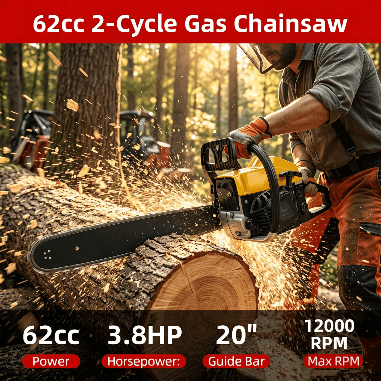62cc Gas Chainsaw 20 Inch Gas Powered Chainsaw 2-Stroke Handheld Wood Cutting Tree Trimming Saw with Tool Kit, Black & Yellow