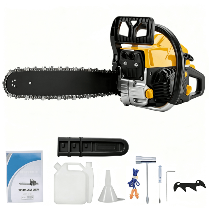 62cc Gas Chainsaw 20 Inch Gas Powered Chainsaw 2-Stroke Handheld Wood Cutting Tree Trimming Saw with Tool Kit, Black & Yellow