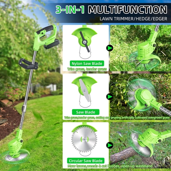 Brush Cutter Cordless Weed Wacker Electric Weed Eater with 2 Large Capacity Batteries &17 Blades for Lawn Garden Yard