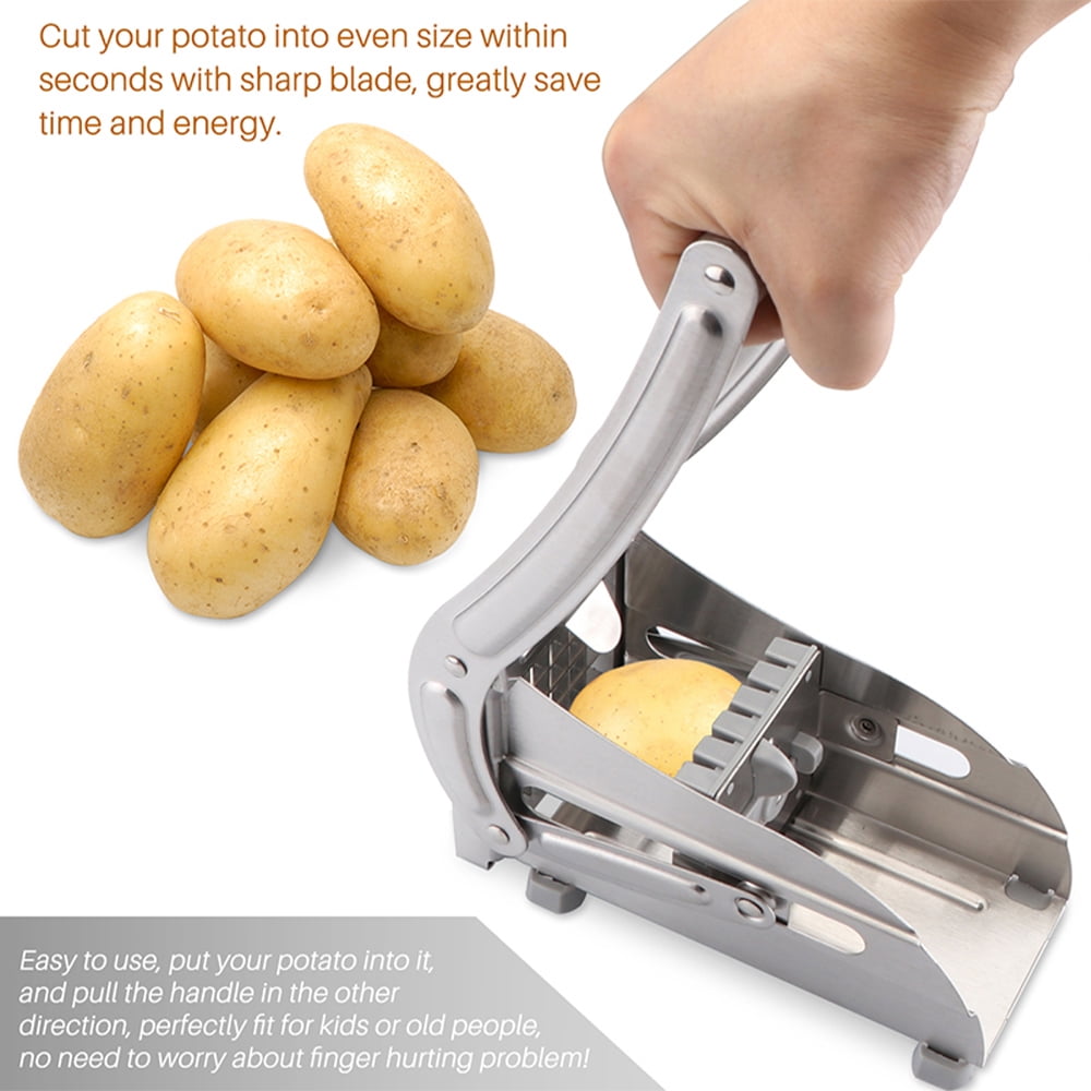 French Fry Cutter Stainless Steel Potato Slicer, Food Grade Potato Cutter with No-Slip Base & 2 Blades for Potato Vegetable Radish Cucumber Onion