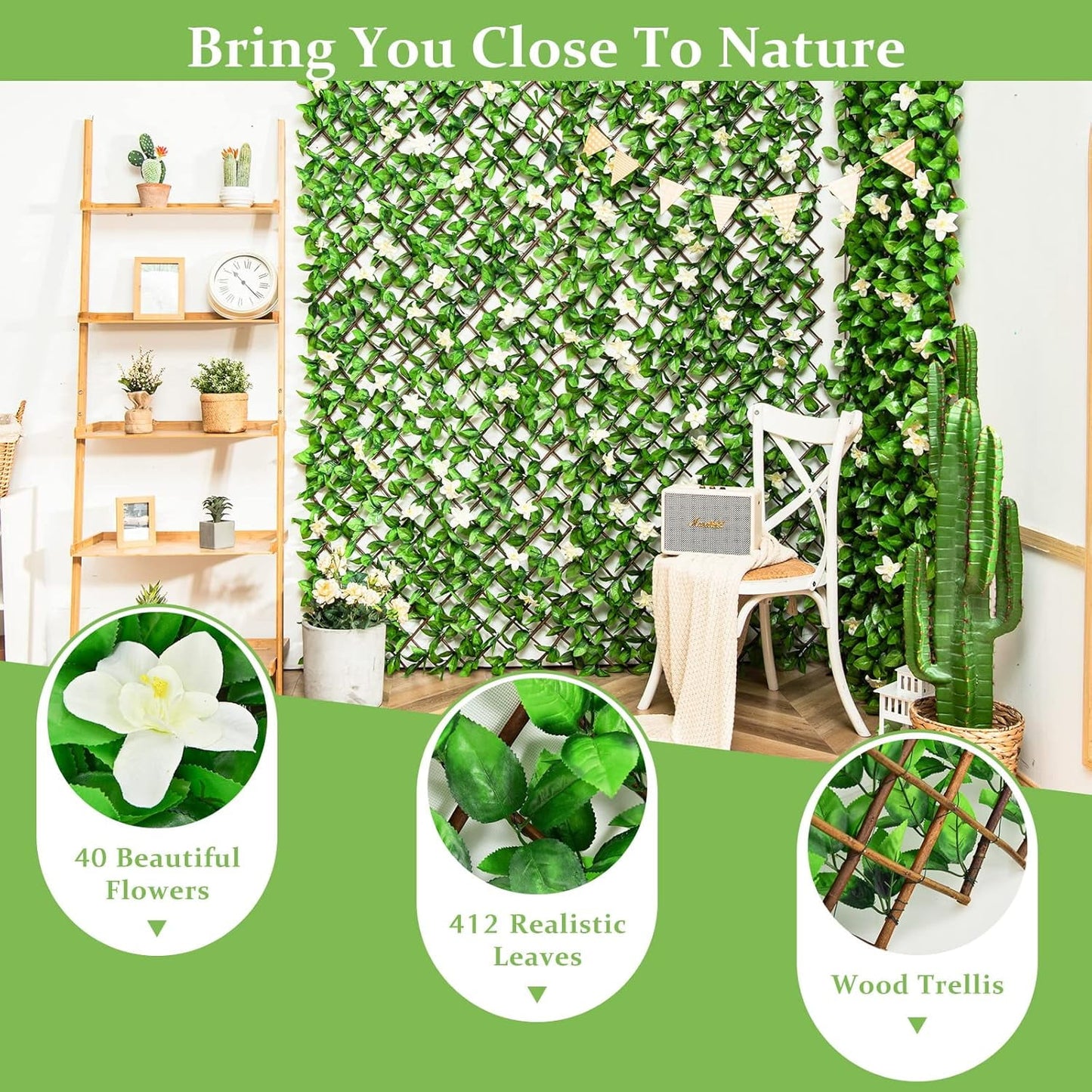 Expandable Flower Privacy Fence, 15.7" Decorative White Wood Trellis with Silk Flowers, Artificial Garden Screening for Outdoor Backyard, Balcony, Living Room Wall Decor (White)