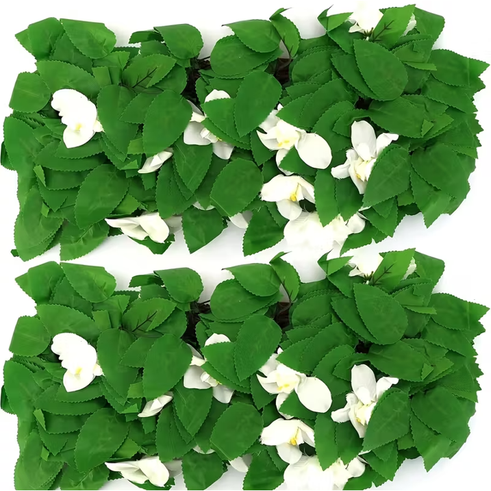Expandable Flower Privacy Fence, 15.7" Decorative White Wood Trellis with Silk Flowers, Artificial Garden Screening for Outdoor Backyard, Balcony, Living Room Wall Decor (White)