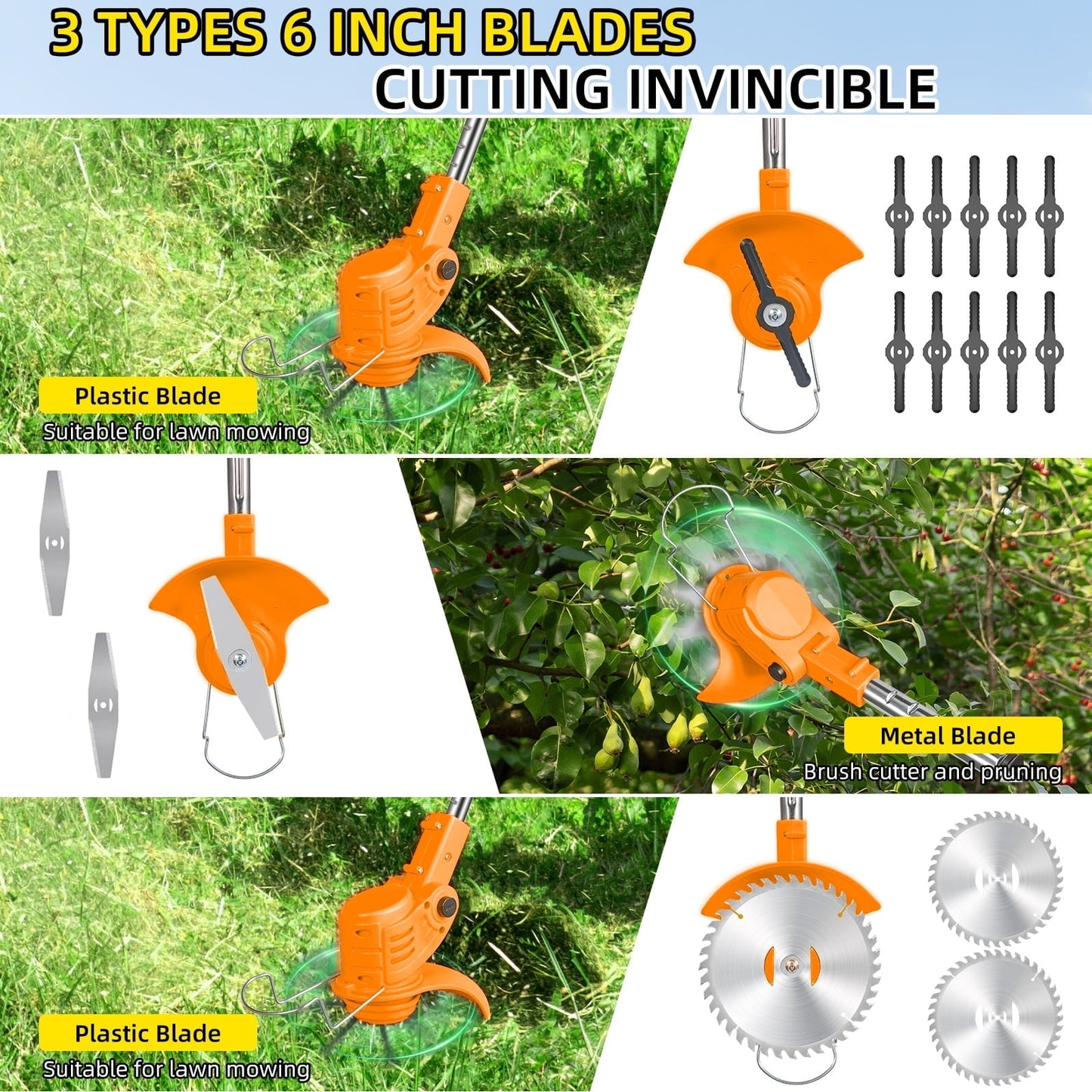 Electric Weed Wacker Battery Powered,Cordless String Trimmer Edger with Wheels 3 Function Blades Cutter for Yard and Garden