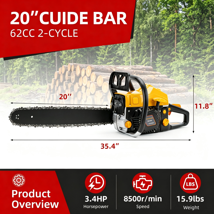 62cc Gas Chainsaw 20 Inch Gas Powered Chainsaw 2-Stroke Handheld Wood Cutting Tree Trimming Saw with Tool Kit, Black & Yellow