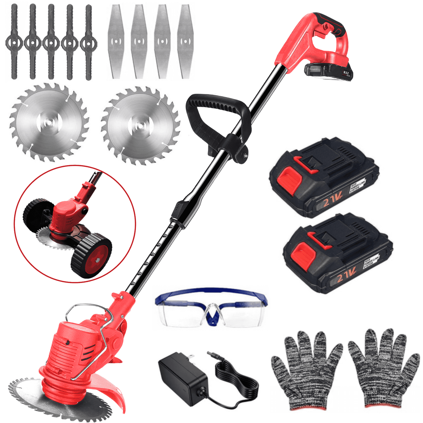 Electric Weed Eater, Cordless with Wheels 21V Portable 4-in-1 Grass Trimmer Edger
