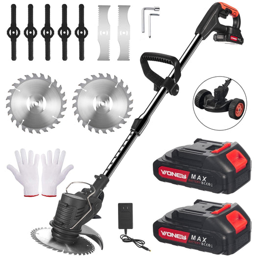 Electric Weed Eater, Weed Wacker 3 in 1 Cordless Push Lawn Trimmer with Wheels Weed Eater Tool with Adjustable Handle 3 Function Blades Weed Eater Brush Cutter for Yard and Garden
