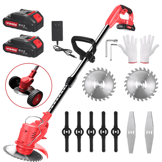 mer with Wheels Weed Eater Tool with Adjustable Handle 3 Function Blades Weed Eater Brush Cutter for Yard and Garden (Red)