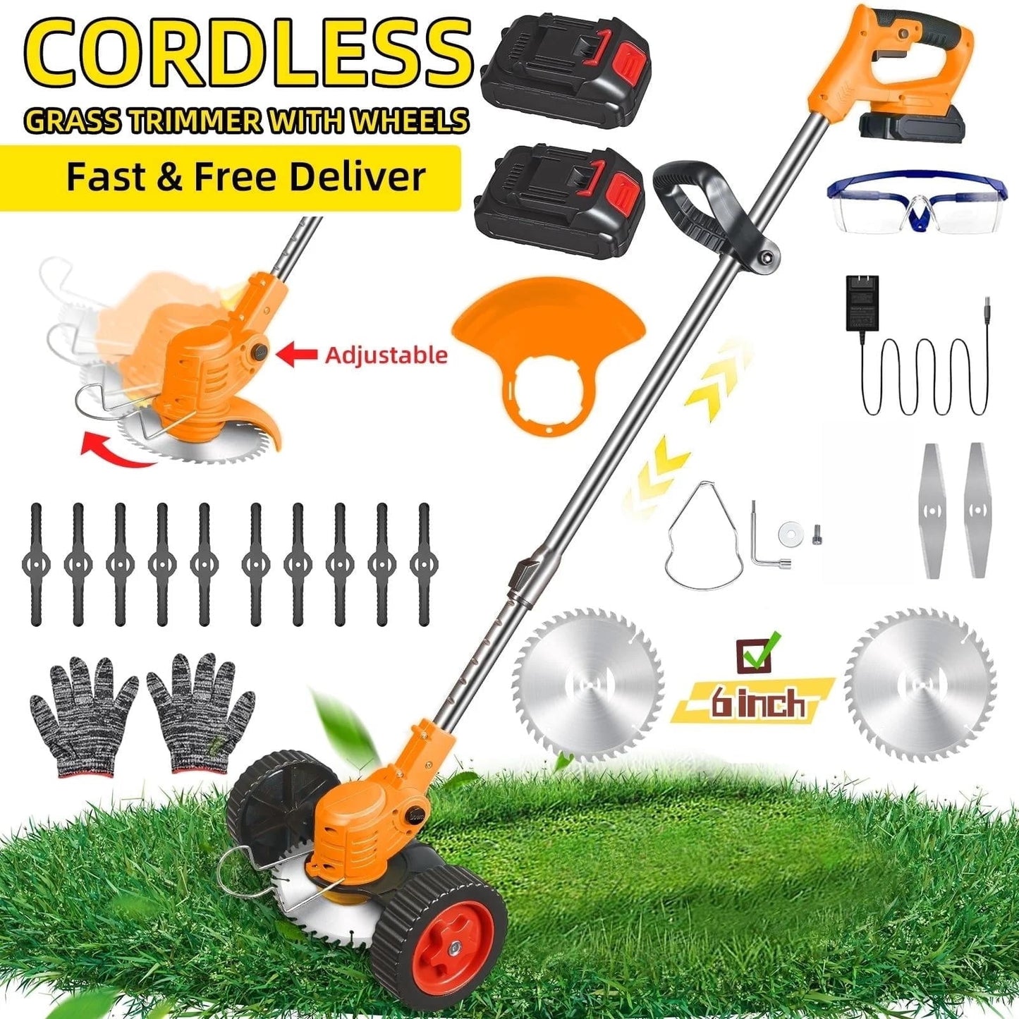 Electric Weed Wacker Battery Powered,Cordless String Trimmer Edger with Wheels 3 Function Blades Cutter for Yard and Garden