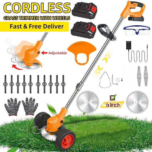 Electric Weed Wacker Battery Powered,Cordless String Trimmer Edger with Wheels 3 Function Blades Cutter for Yard and Garden