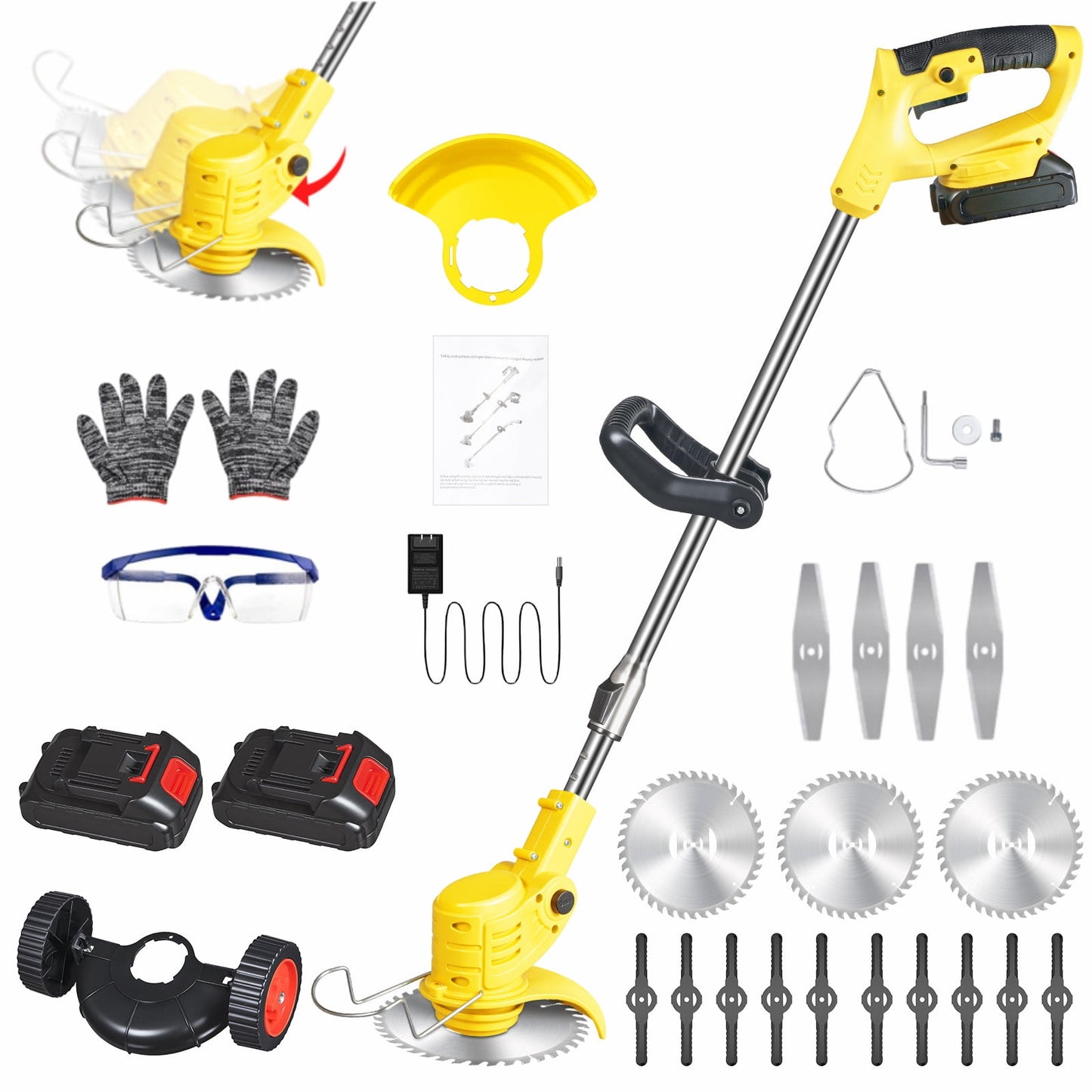 Electric Weed Wacker Battery Powered,Cordless String Trimmer Edger with Wheels 3 Function Blades Cutter for Yard and Garden