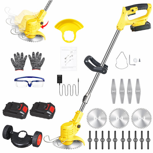 Electric Weed Wacker Battery Powered,Cordless String Trimmer Edger with Wheels 3 Function Blades Cutter for Yard and Garden