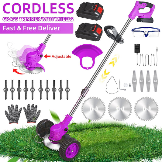 Weed Wacker Grass Trimmer, 24V Cordless Weed Eater Lightweight Electric Brush Cutter with 2 Batteries and Charger for Home Garden Yard Trimming