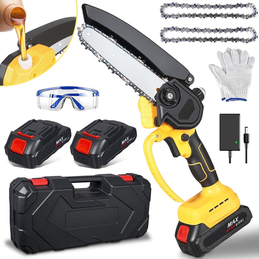 Mini Chainsaw, 6 Inch 21V Cordless Electric Chainsaw Portable Handheld with 2 Batteries 2 Chains