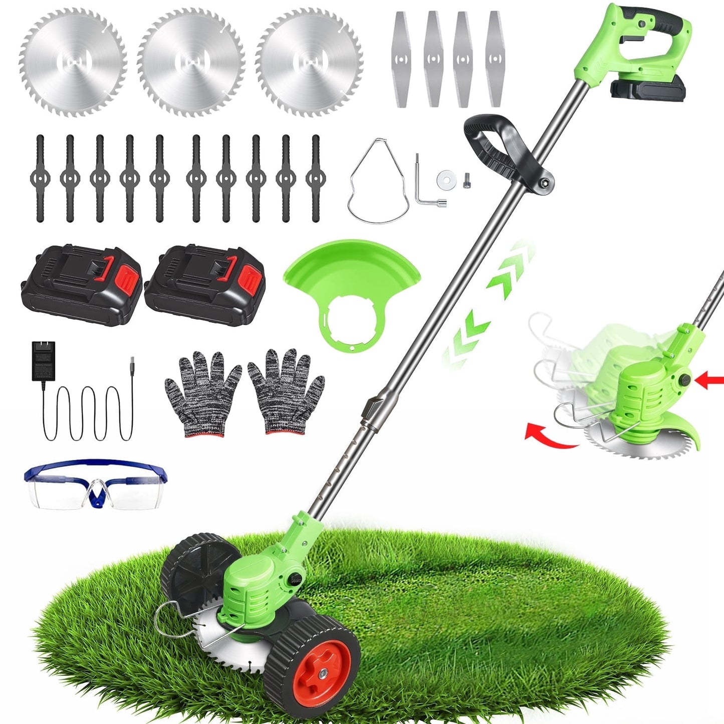 Brush Cutter Cordless Weed Wacker Electric Weed Eater with 2 Large Capacity Batteries &17 Blades for Lawn Garden Yard