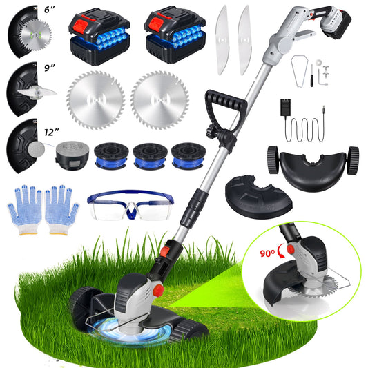 21V Cordless String Trimmer and Lawn Edger with Wheels, Battery Powered Grass Cutter with 2 Batteries, 3 Types of Blades for Yard Garden