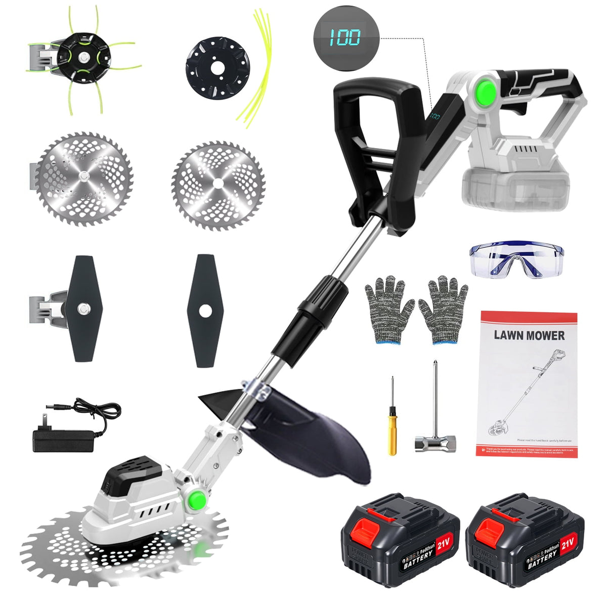 21V Cordless Weed Wacker, Brushless Electric Grass Trimmer with 9" Blades, 2 Batteries for Garden Lawn Edging Tool