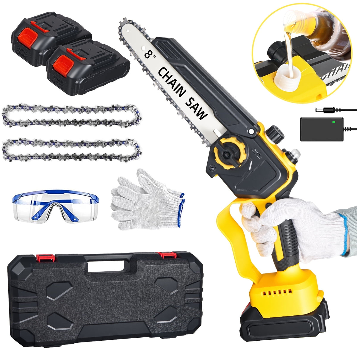 Paddsun 8 Inch Electric Mini Chainsaw, 21V Brushless Cordless Handheld Wood Cutter, 1980W Power Pruning Saw with 2 Batteries & 2 Chains