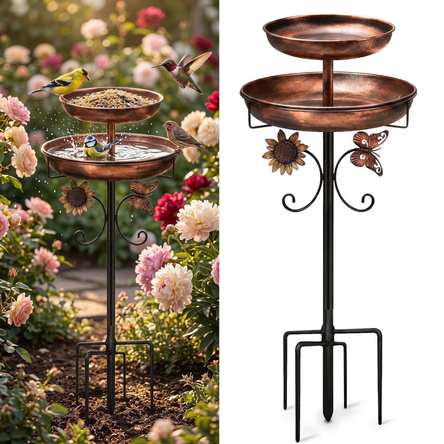 Bird Bath, 45" Metal Bird Feeder Combo 2-Tier Birdbath with 5-Prong Heavy Duty Stake Base for Outdoor Garden