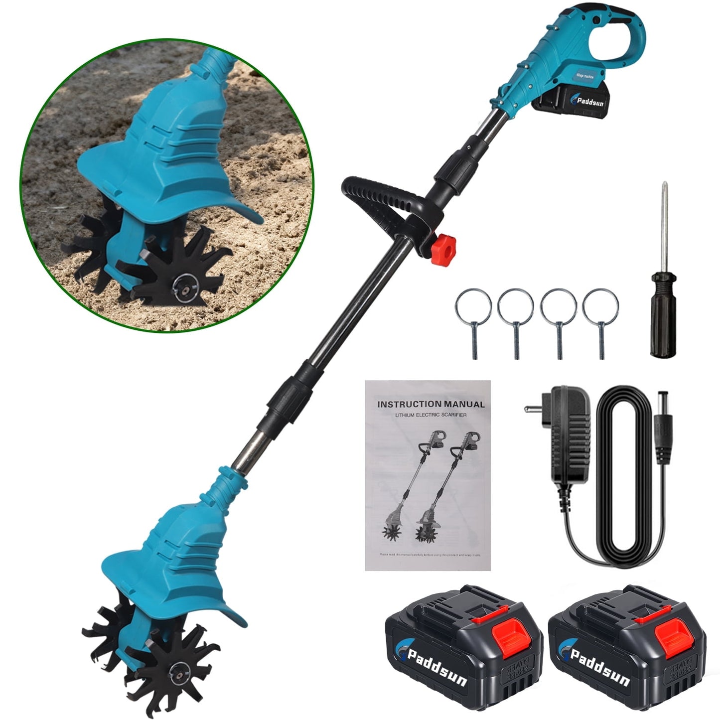 Cordless Tiller Cultivator, 21V Electric Garden Tiller 9In Tilling Width and 6.5In Depth Garden Rototiller for Lawn Gardening Soil Cultivation