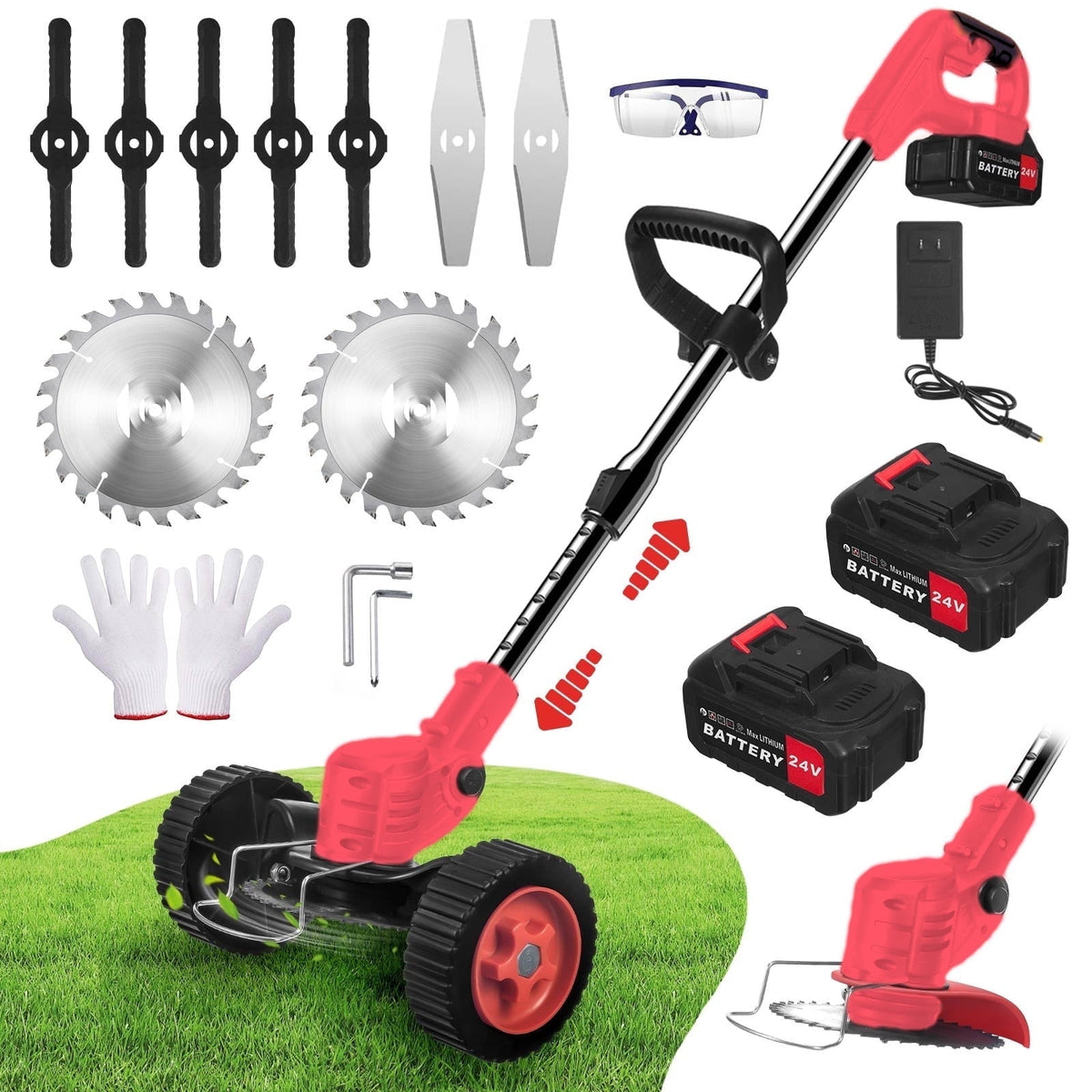 Electric Weed Wacker Battery Powered 24V 2000mAh, Weed Wacker Cordless Edger Trimmer Lawn Edger Grass Trimmer Height Adjustable Mini-Mower