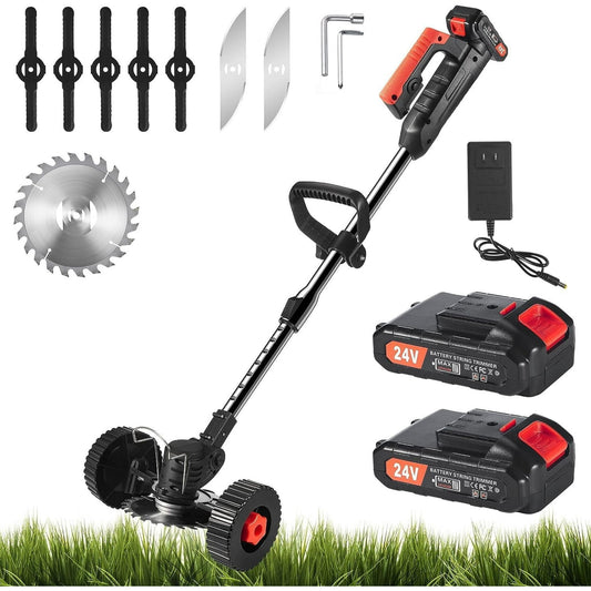Electric Weed Wacker, Battery Powered Cordless String Trimmer Edger with Wheels,Electric Weed Eater Cutter Lawn Mower Edger Tool,Adjustable Handle,3 Function Blades Cutter for Yard and Garden