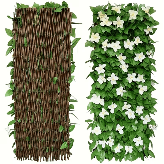 Expandable Flower Privacy Fence, 15.7" Decorative White Wood Trellis with Silk Flowers, Artificial Garden Screening for Outdoor Backyard, Balcony, Living Room Wall Decor (White)