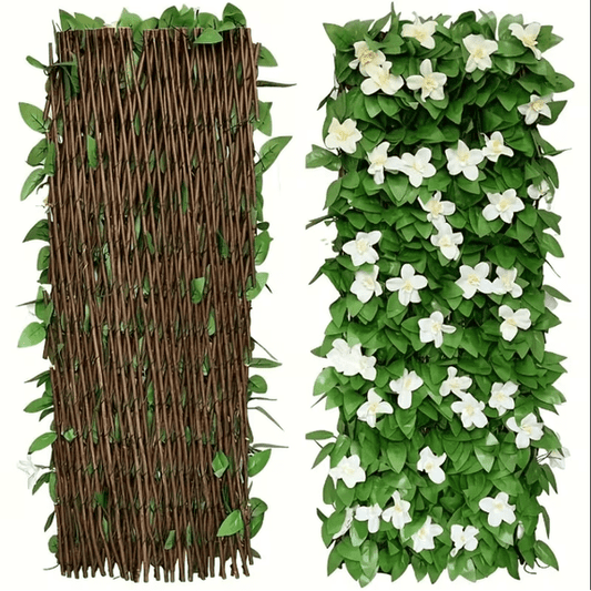 Expandable Flower Privacy Fence, 15.7" Decorative White Wood Trellis with Silk Flowers, Artificial Garden Screening for Outdoor Backyard, Balcony, Living Room Wall Decor (White)