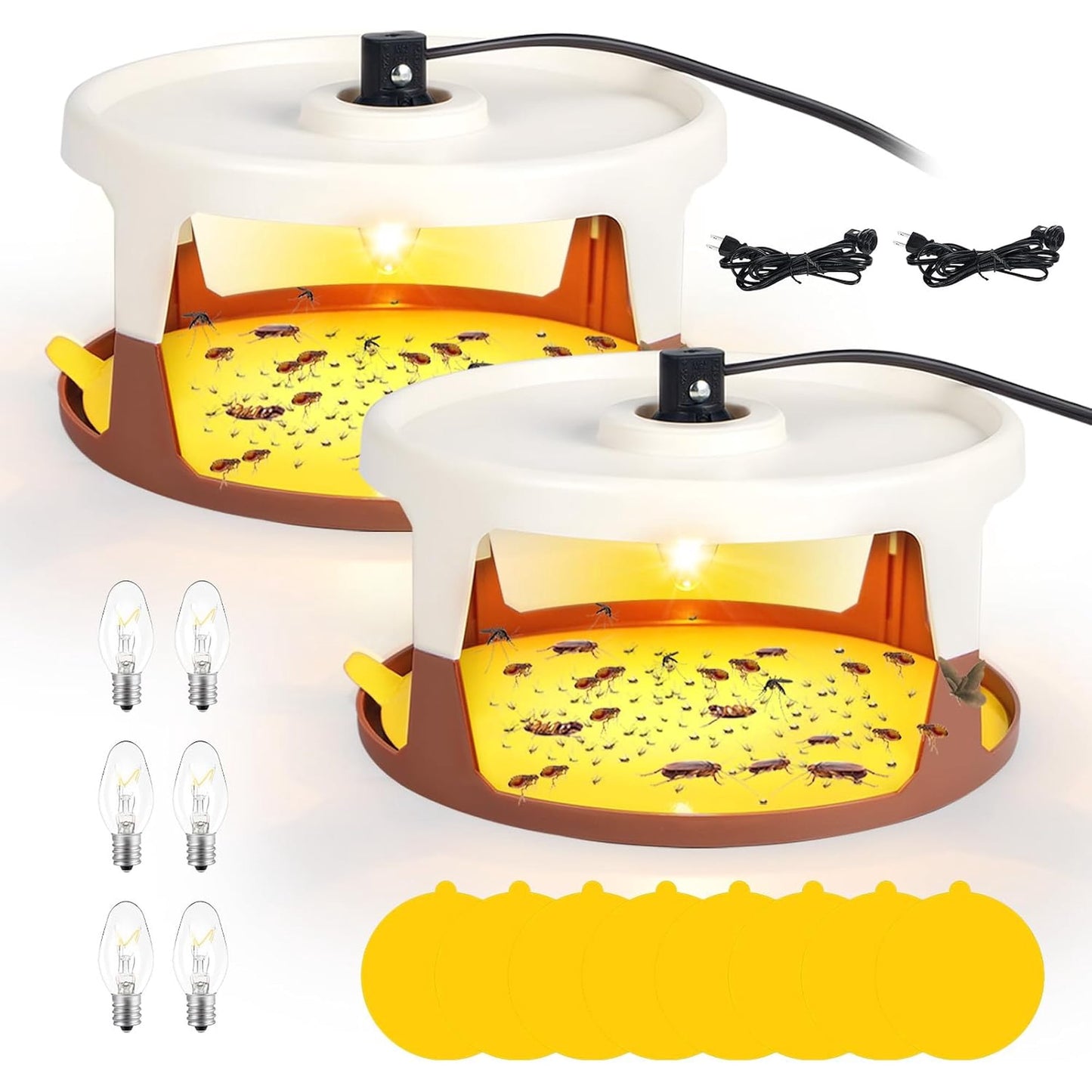 Flea Traps, 2 Pack for Indoor with 8 Sticky Refill Discs & 6 LED Light Modes for Fleas, Flies, Mosquitoes