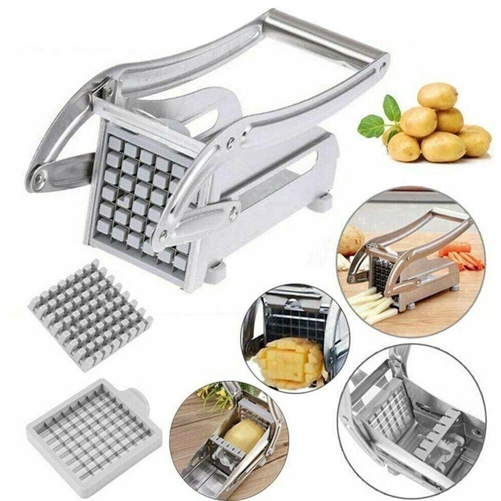 French Fry Cutter Stainless Steel Potato Slicer, Food Grade Potato Cutter with No-Slip Base & 2 Blades for Potato Vegetable Radish Cucumber Onion