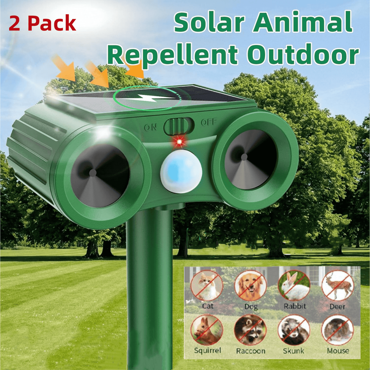 Solar Ultrasonic Animal Repellent, 2Pack Outdoor Cat Deterrent Deer Repellent Devices Waterproof with Motion Sensor Repels Squirrel,Dog,Raccoon,Skunk,Rabbit Yard Garden