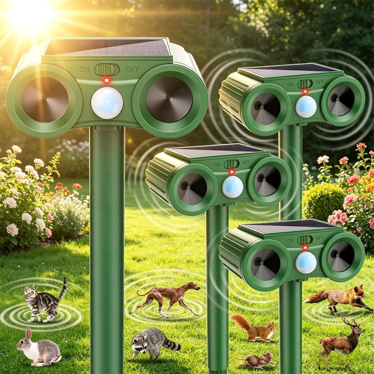 Solar Ultrasonic Animal Repellent, 4Pack Outdoor Cat Deterrent Deer Repellent Devices Waterproof with Motion Sensor Repels Squirrel,Dog,Raccoon,Skunk,Rabbit Yard Garden