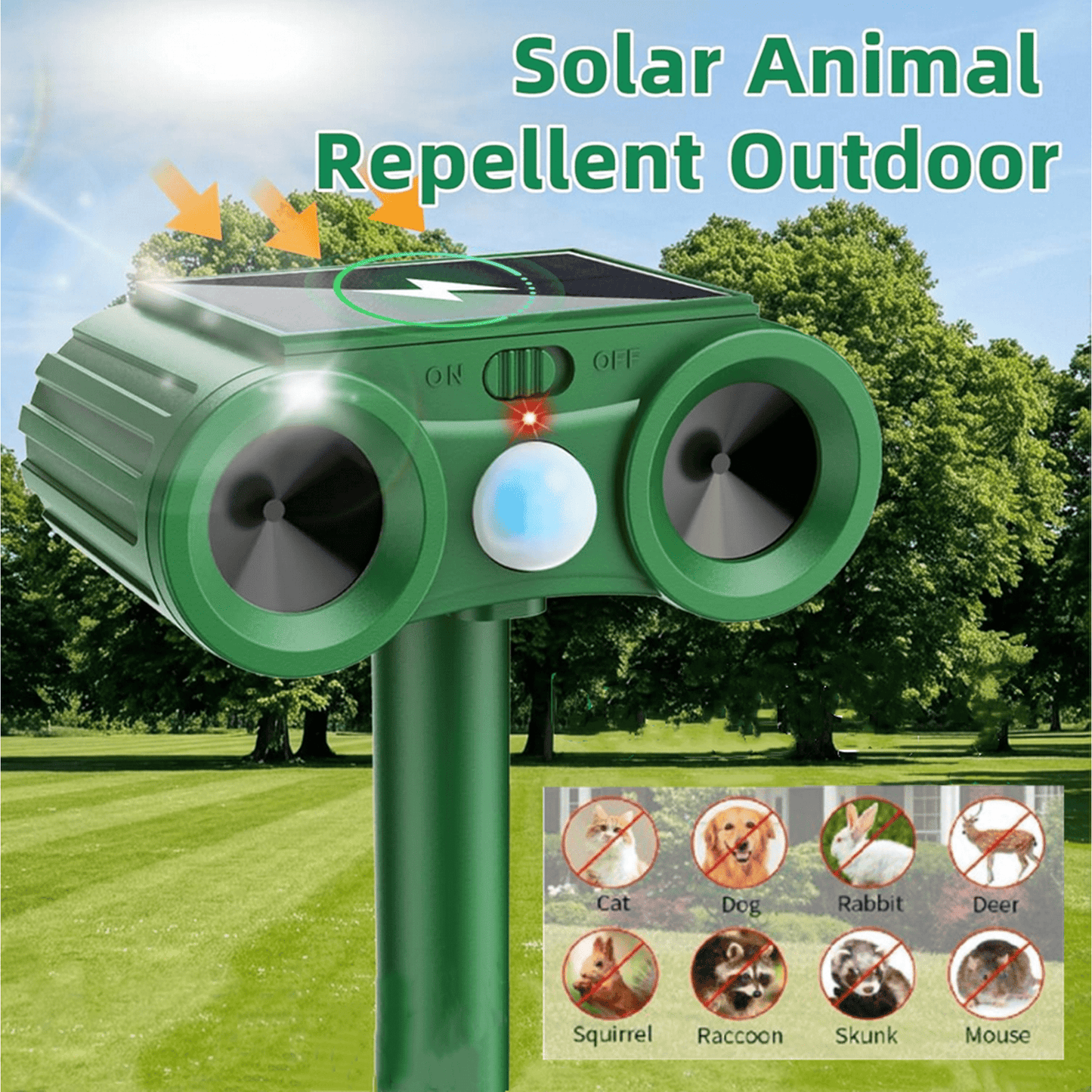 Solar Ultrasonic Animal Repellent, Outdoor Cat Deterrent Deer Repellent Devices Waterproof with Motion Sensor Repels Squirrel,Dog,Raccoon,Skunk,Rabbit Yard Garden