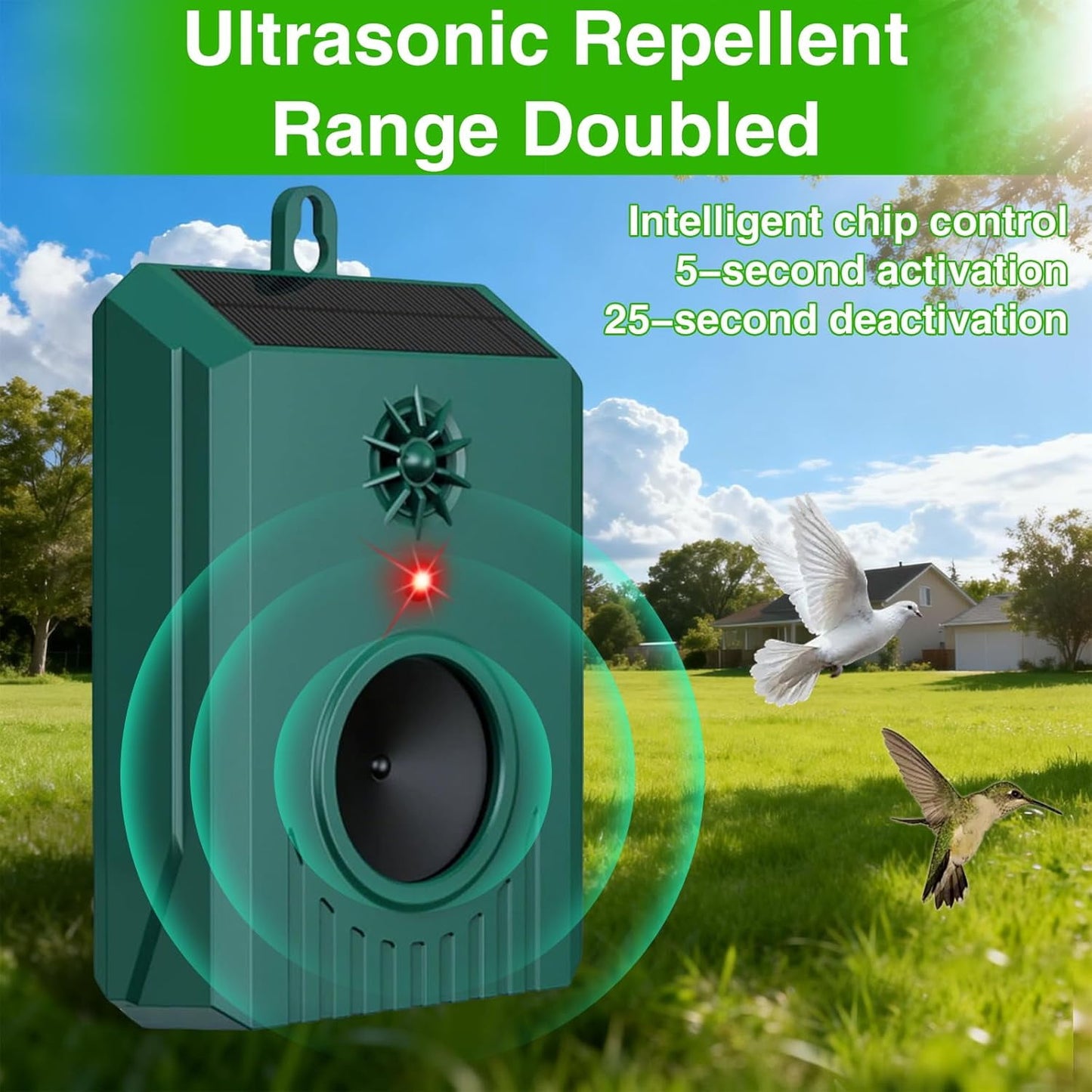 Solar Ultrasonic Bird Repeller, Outdoor Deterrent for Pigeons Woodpeckers Crows, Waterproof Hanging Humane Bird Repellent for Garden
