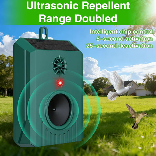 Solar Ultrasonic Bird Repeller, Outdoor Deterrent for Pigeons Woodpeckers Crows, Waterproof Hanging Humane Bird Repellent for Garden