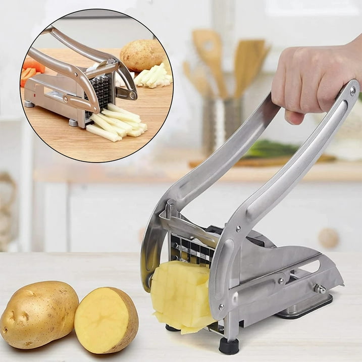 French Fry Cutter Stainless Steel Potato Slicer, Food Grade Potato Cutter with No-Slip Base & 2 Blades for Potato Vegetable Radish Cucumber Onion