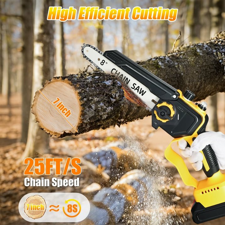 Paddsun 8 Inch Electric Mini Chainsaw, 21V Brushless Cordless Handheld Wood Cutter, 1980W Power Pruning Saw with 2 Batteries & 2 Chains