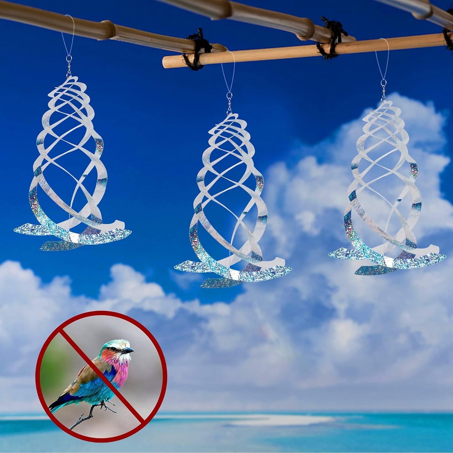 Bird Repellent Spiral Reflectors, 6 Pack Silver Mylar Spinner, Hanging Reflective Bird Deterrent Device, Garden Decorative Scare Birds Away, Like Woodpeckers, Pigeons and Geese