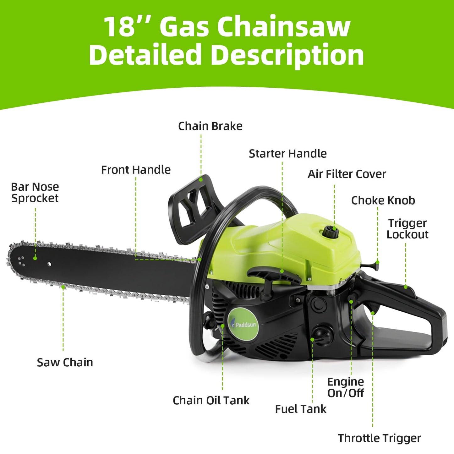 58CC Gas Powered Chainsaw, 18 in Bars Automatic Chain Oiler Quick Start Gasoline Chain Saws for Wood Cutting Chainsaw