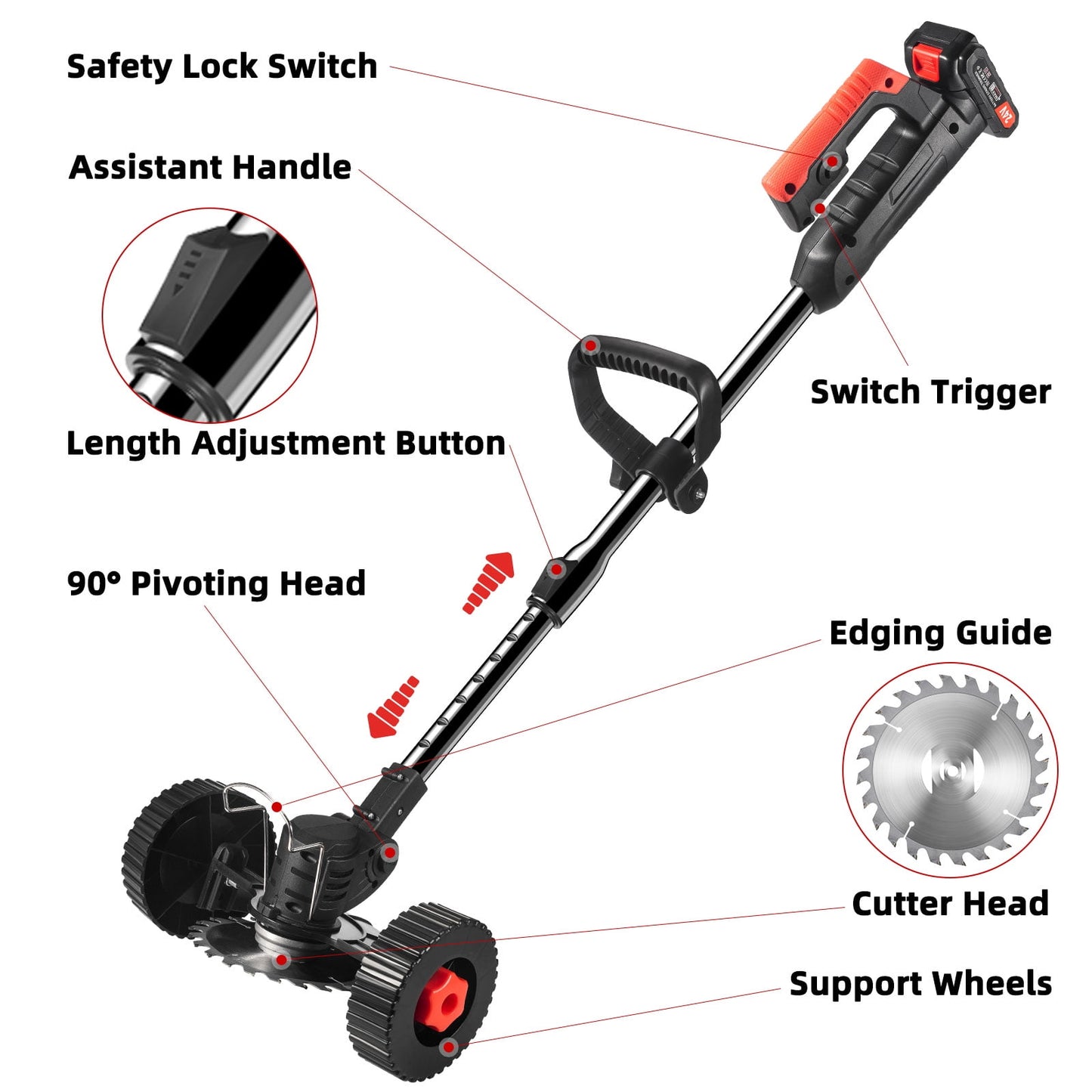 Electric Weed Wacker, Battery Powered Cordless String Trimmer Edger with Wheels,Electric Weed Eater Cutter Lawn Mower Edger Tool,Adjustable Handle,3 Function Blades Cutter for Yard and Garden