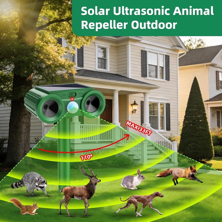 Solar Ultrasonic Animal Repellent, Outdoor Cat Deterrent Deer Repellent Devices Waterproof with Motion Sensor Repels Squirrel,Dog,Raccoon,Skunk,Rabbit Yard Garden
