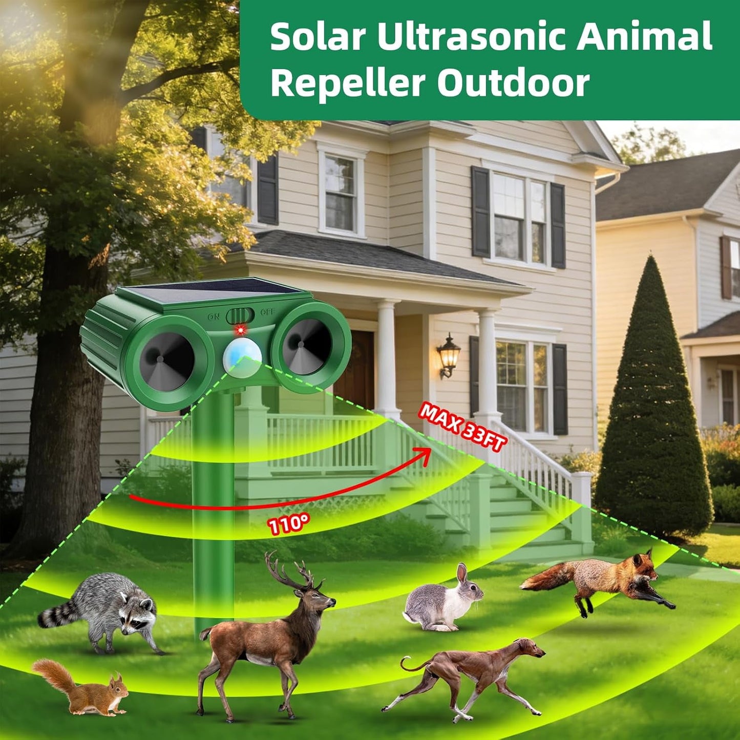 Solar Ultrasonic Animal Repellent, 2Pack Outdoor Cat Deterrent Deer Repellent Devices Waterproof with Motion Sensor Repels Squirrel,Dog,Raccoon,Skunk,Rabbit Yard Garden