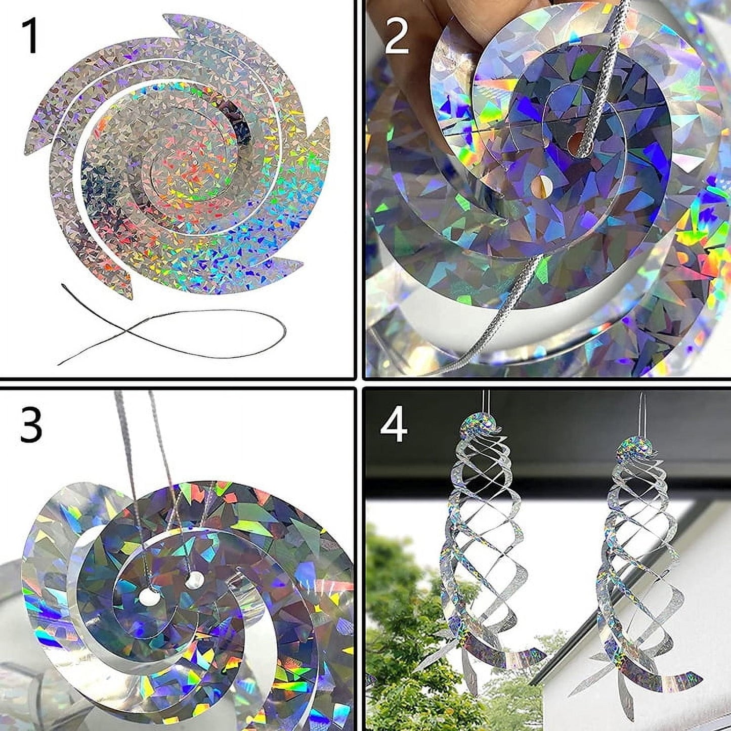Bird Repellent Spiral Reflectors, 6 Pack Silver Mylar Spinner, Hanging Reflective Bird Deterrent Device, Garden Decorative Scare Birds Away, Like Woodpeckers, Pigeons and Geese