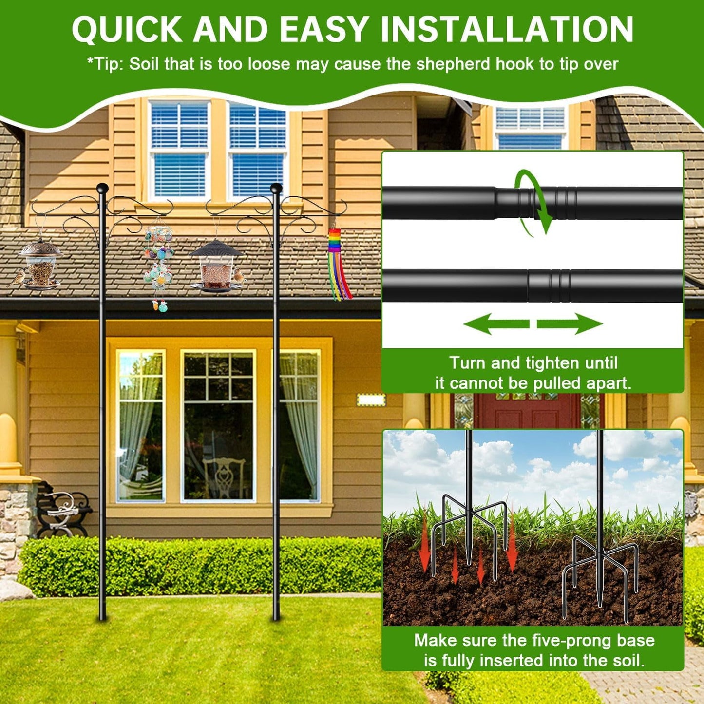 2 Pack Shepherds Hooks for Outdoor,108 Inch Heavy Duty Bird Feeder Pole with 5 Prongs Base
