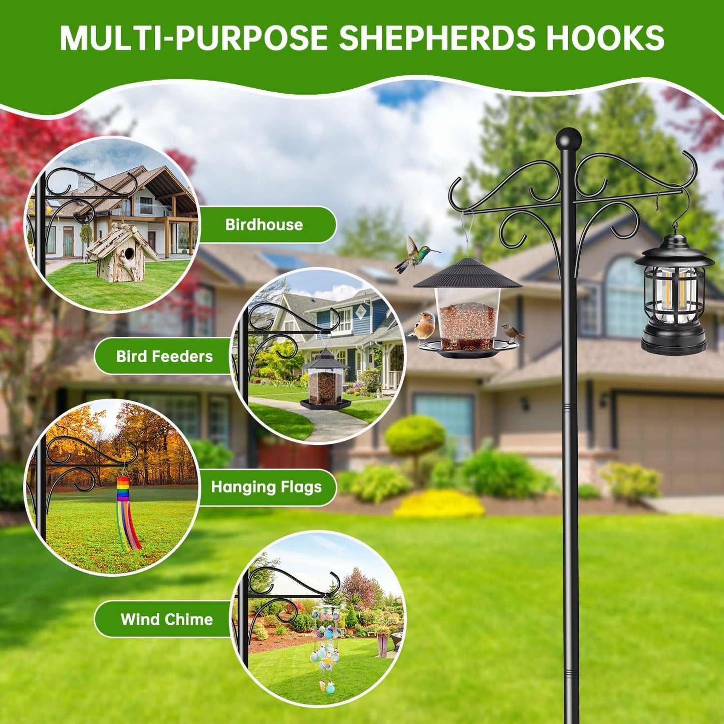 2 Pack Shepherds Hooks for Outdoor,108 Inch Heavy Duty Bird Feeder Pole with 5 Prongs Base